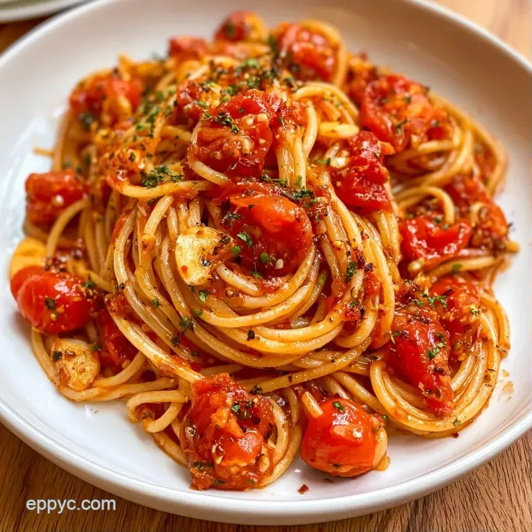 Twirled pasta nests topped with vibrant red tomato chunks and fresh basil on a white ceramic dinner plate.