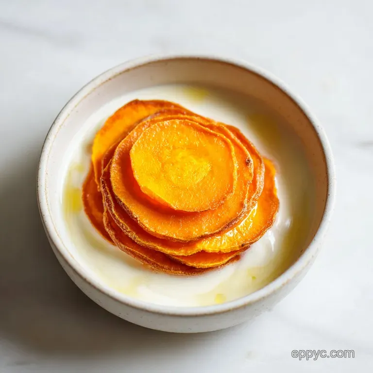 Thinly sliced orange potatoes layered in a white ceramic dish, topped with toasted garlic and melted butter.