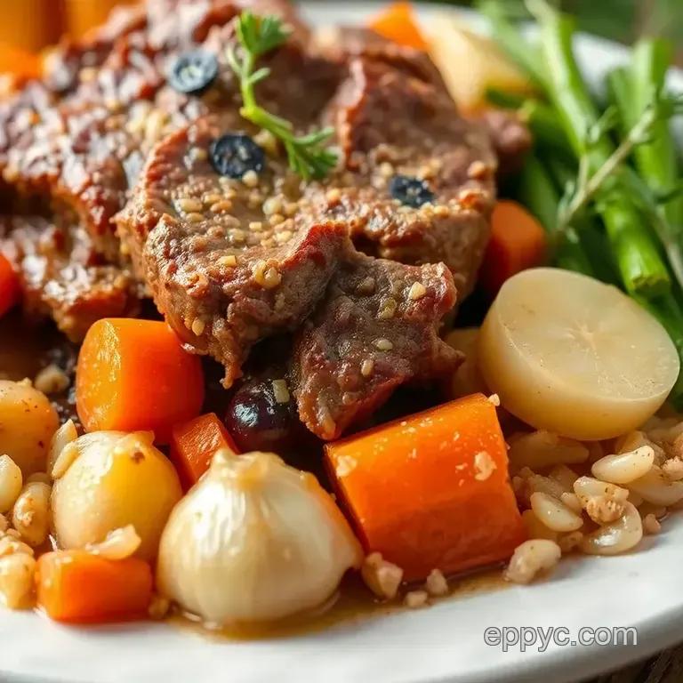 German Thanksgiving Sauerbraten with Red Cabbage and Potato Dumplings presentation