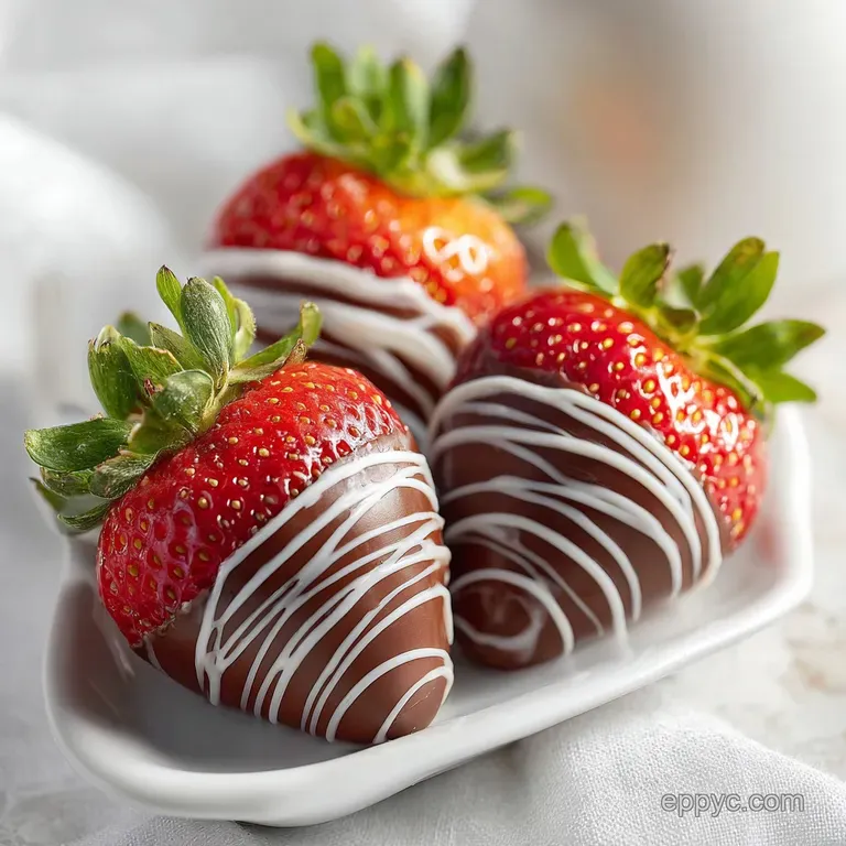 Elegant chocolate-dipped strawberries on a white plate. The shiny chocolate and vibrant red berries create a visually appe...