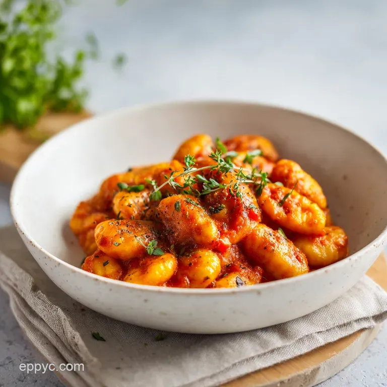 Perfectly portioned gnocchi pomodoro with a swirl of creamy sauce, garnished with basil and a drizzle of olive oil.