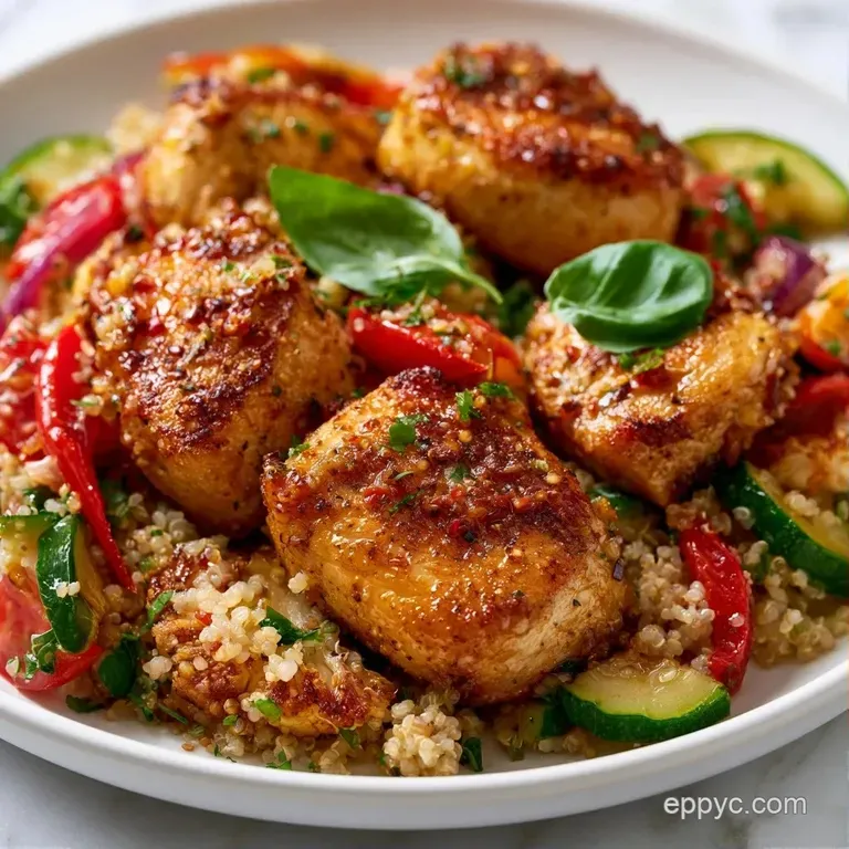 Vibrant Mediterranean bowl with charred chicken, diced vegetables, and a swirl of white creamy tzatziki sauce.