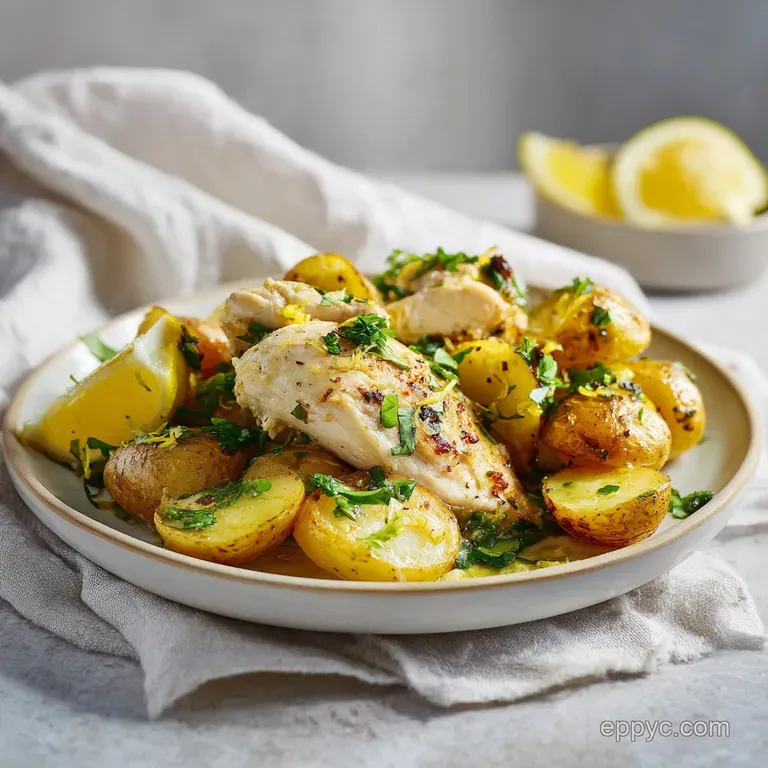 Tender chicken with charred skin served alongside fluffy potatoes, garnished with herbs on a clean white ceramic plate.