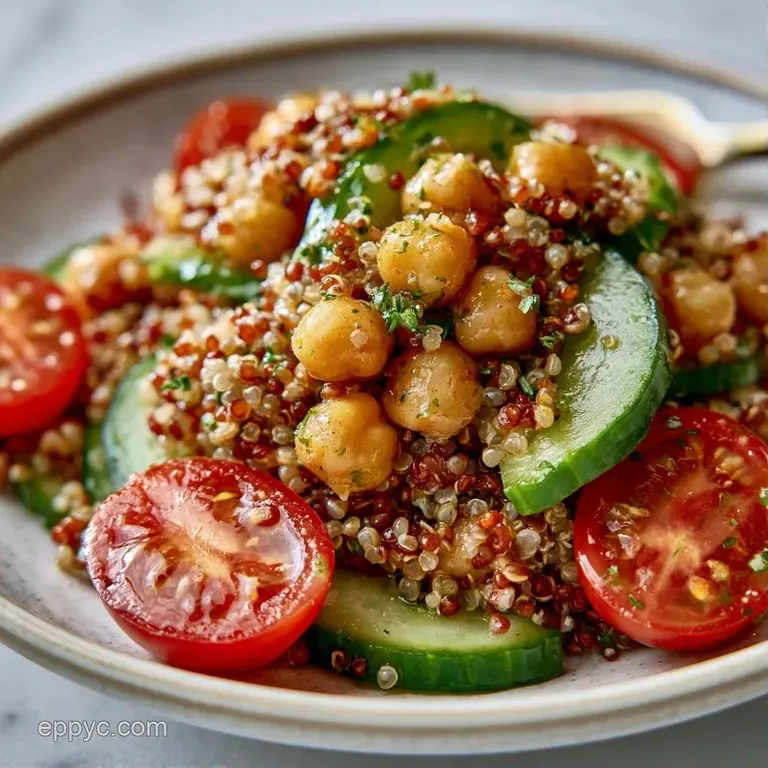 A colorful mix of fluffy quinoa, purple olives, and red onions served in a glass bowl with bright lemon wedges on side.