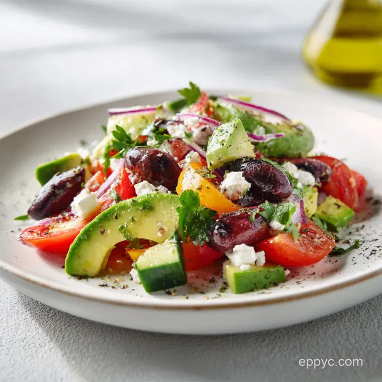 Artfully arranged Greek salad with avocado. Glossy olives, bright tomatoes, and crisp cucumbers create a visually appealin...