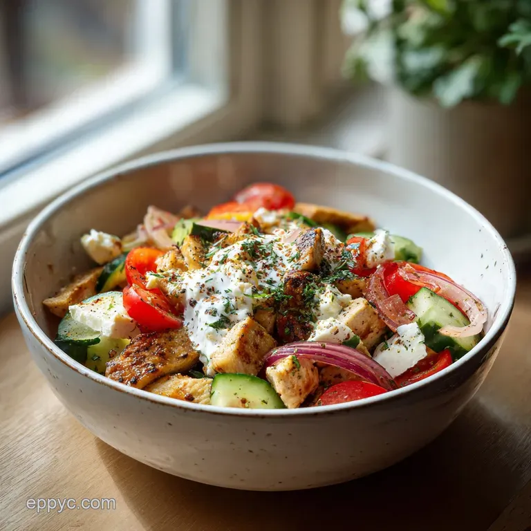 A vibrant Greek salad with tender chicken, artfully arranged on a white plate, garnished with olives and a sprig of fresh ...