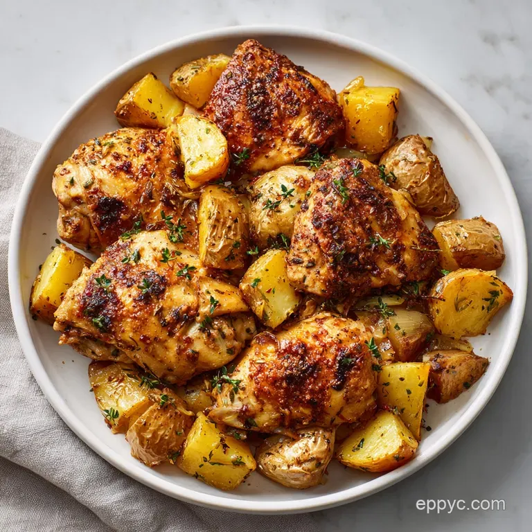 Plated chicken and potatoes glistening with lemon juice, herbs and spices. A vibrant, healthy Mediterranean meal.