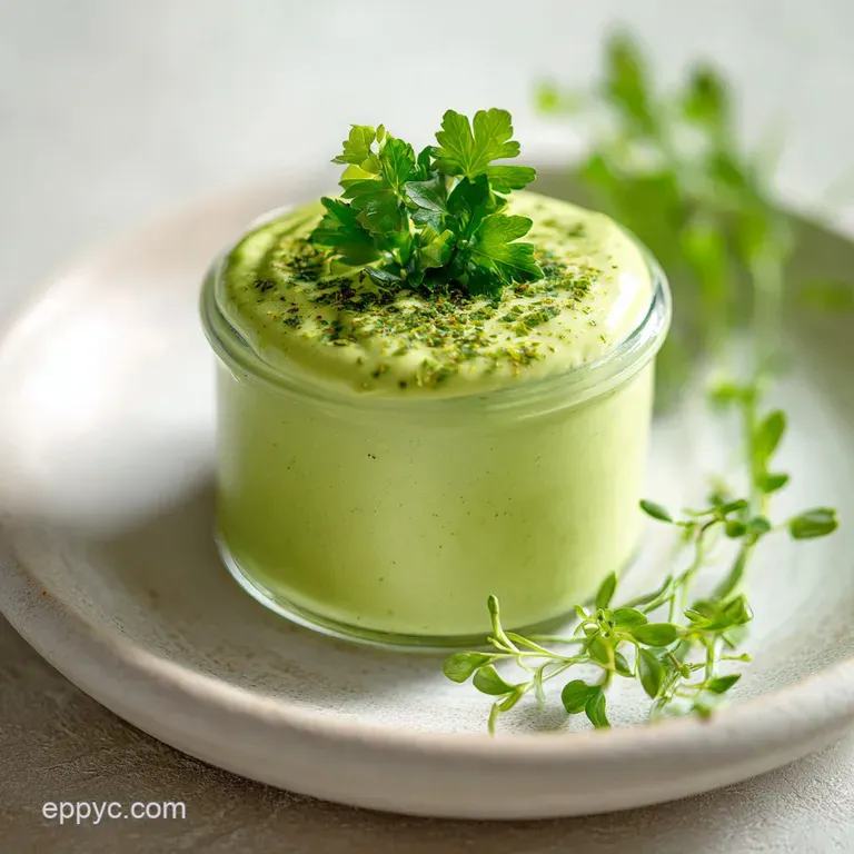 Vibrant green Green Goddess dressing drizzled over a colorful salad, bright greens & reds. Silky, fresh, & lively.