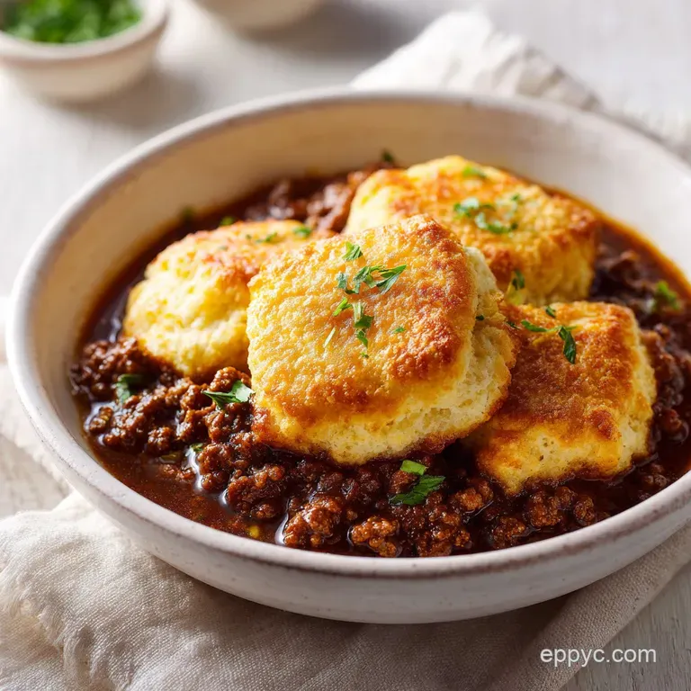 A fluffy golden biscuit resting on a heap of savory brown beef, garnished with a sprig of fresh green parsley