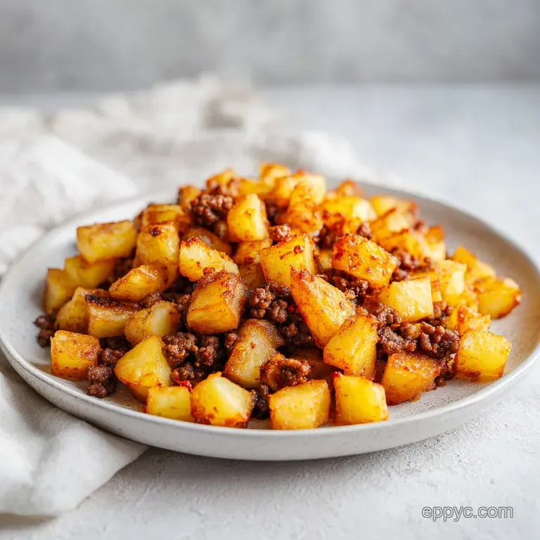 Savory browned meat and tender potato chunks served in a cast iron skillet with a sprinkle of chopped green onions.