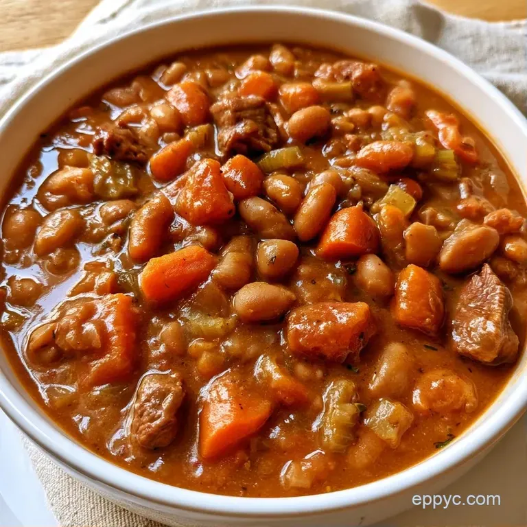 Chunky beef and bean stew in a rustic ceramic bowl, garnished with chopped parsley and served with crusty bread.