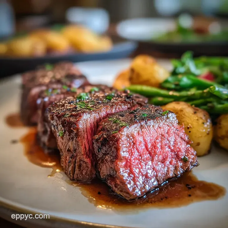 Perfectly seared hanger steak slices artfully arranged on a white plate, showcasing a tender, juicy interior alongside vib...