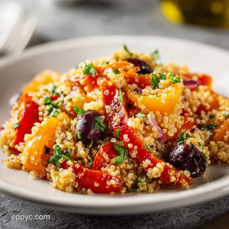 Bright quinoa salad artfully arranged on a white plate. Sprinkled herbs and a drizzle of dressing adds a delicate, fresh t...