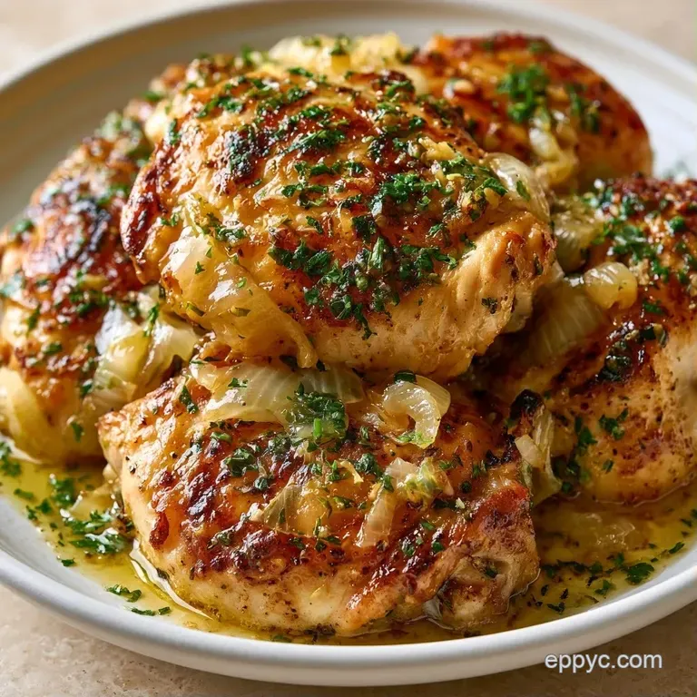 A white ceramic bowl filled with juicy chicken and colorful garden vegetables, topped with a sprig of fresh parsley.