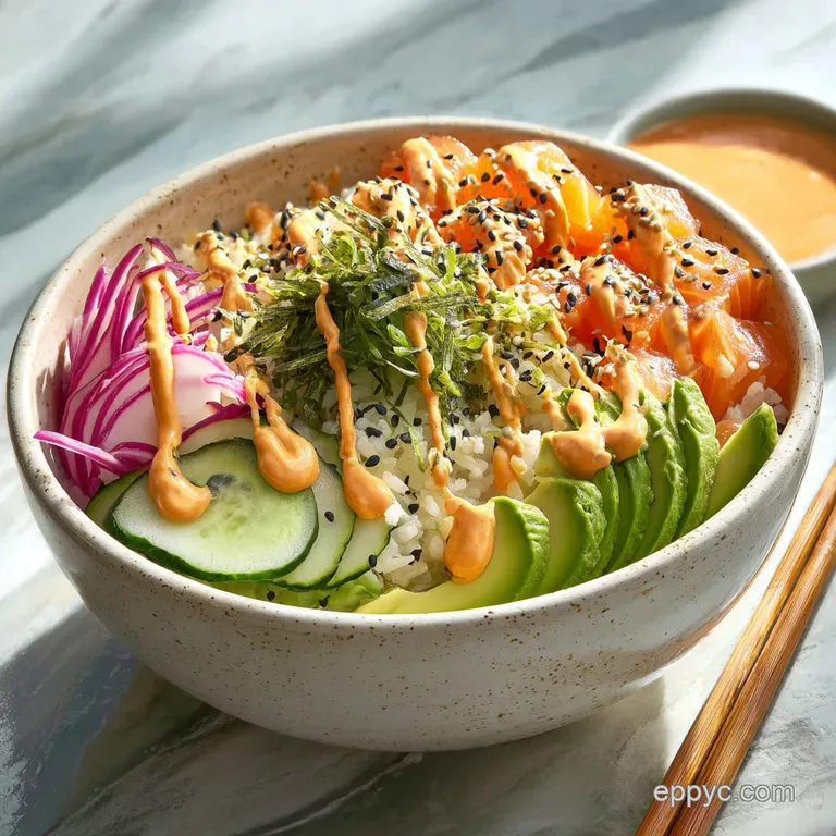 A deconstructed California roll bowl beautifully arranged with defined sections of vibrant avocado, crab, and cucumber on ...