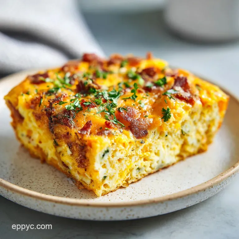 A slice of breakfast casserole on a white plate, steam rising, with a side of bright, fresh berries and a sprig of herbs.