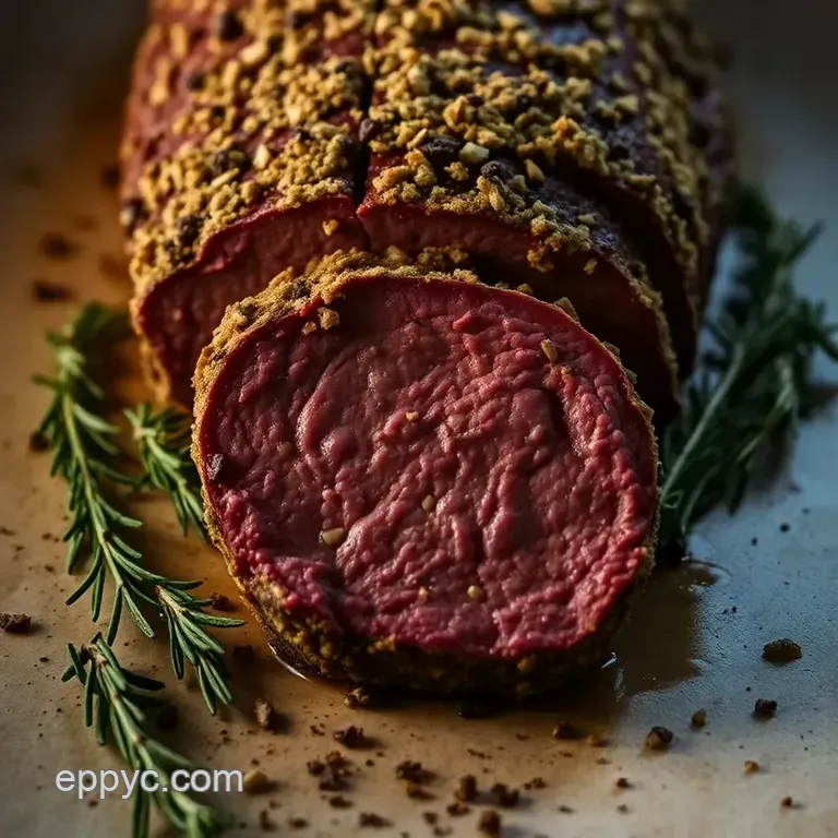 Herb-Crusted Roasted Tenderloin with Garlic Mashed Potatoes presentation