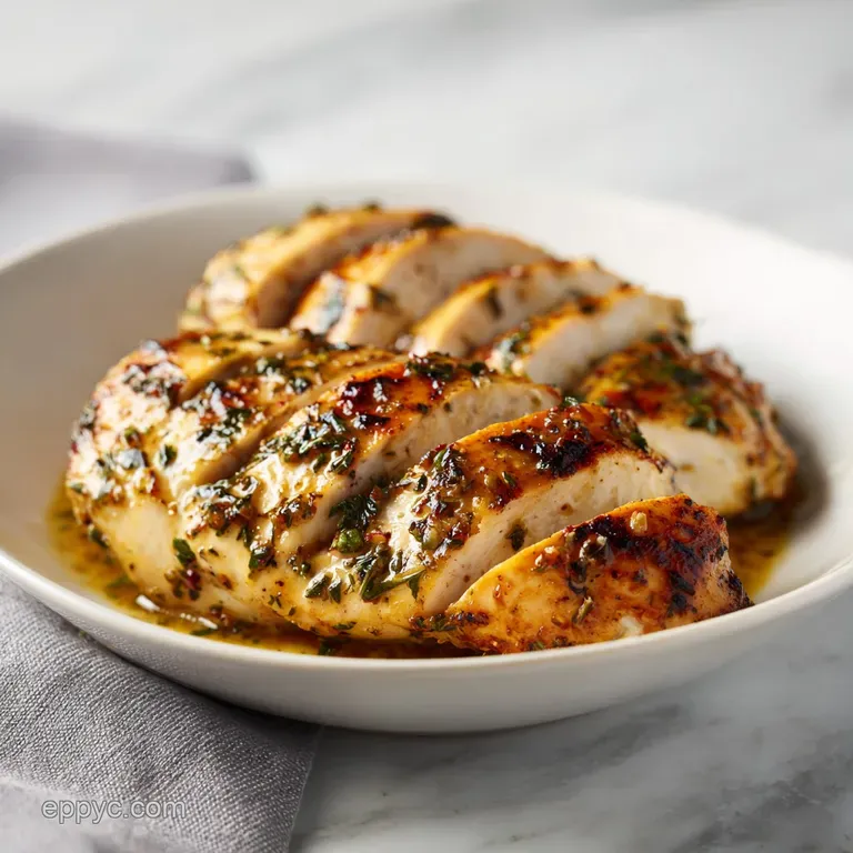 A glistening chicken breast brushed with golden honey mustard, artfully arranged on a plate. Garnished with fresh herbs an...