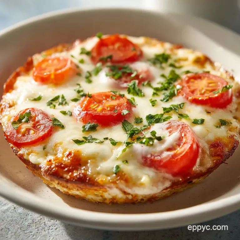 Close-up on a single serving of a pizza bowl; melted cheese glistens, herbs add freshness, presented artfully in a white b...