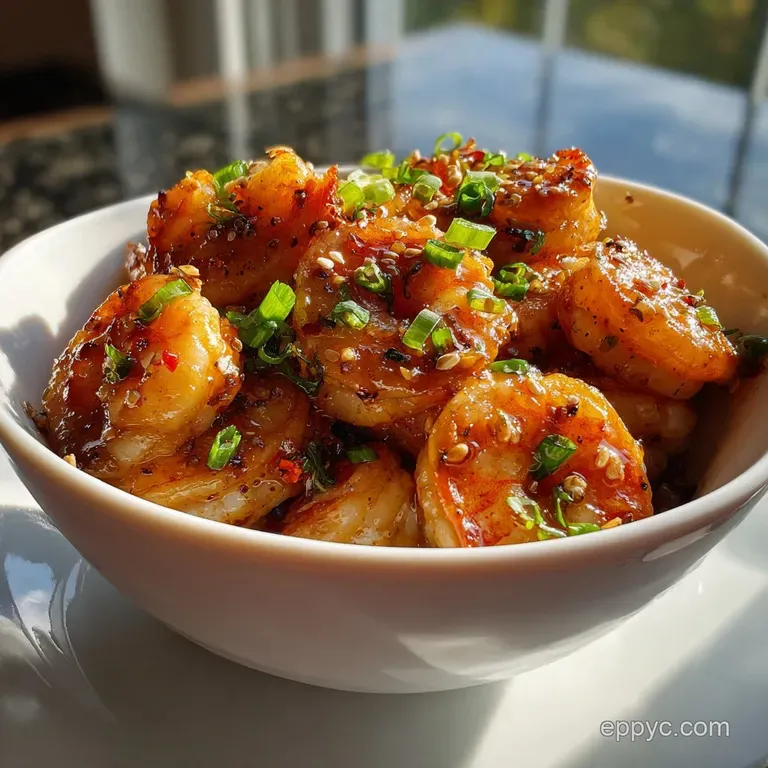 Honey-glazed shrimp artfully arranged with a sprinkle of sesame seeds. Light steam rising from the savory offering.
