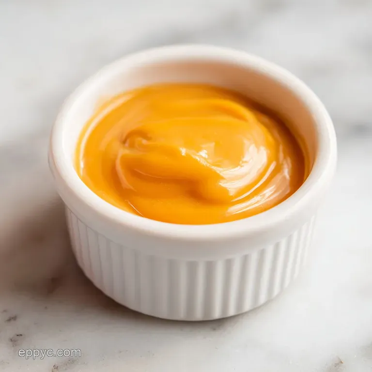 Elegant zig-zag drizzle of glossy, peach-colored sauce over charred meat and vibrant steamed vegetables.