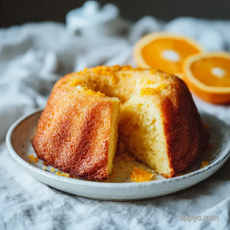A slice of vibrant orange cake on a white plate, drizzled with glaze and topped with candied orange peel.