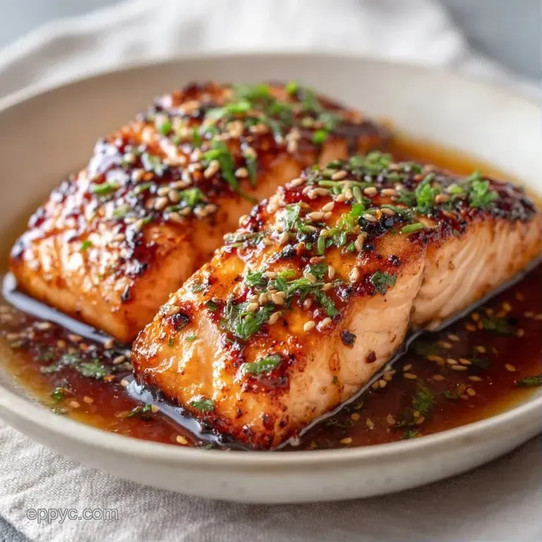 Glazed salmon fillet paired with steamed asparagus and a lemon wedge on a clean white plate with a sprig of parsley.