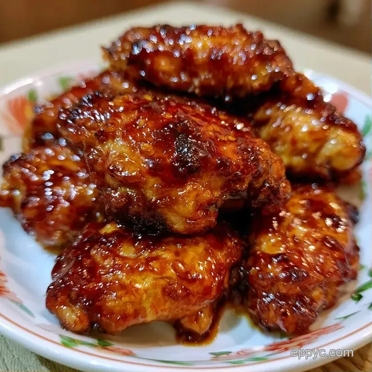 A heap of amber-colored glazed wings on a dark slate board, garnished with sliced scallions and toasted sesame seeds.