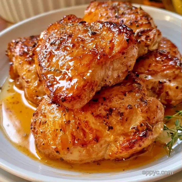 Sliced golden chicken glazed in a glossy sauce, arranged neatly on a white ceramic plate with fresh parsley sprigs.