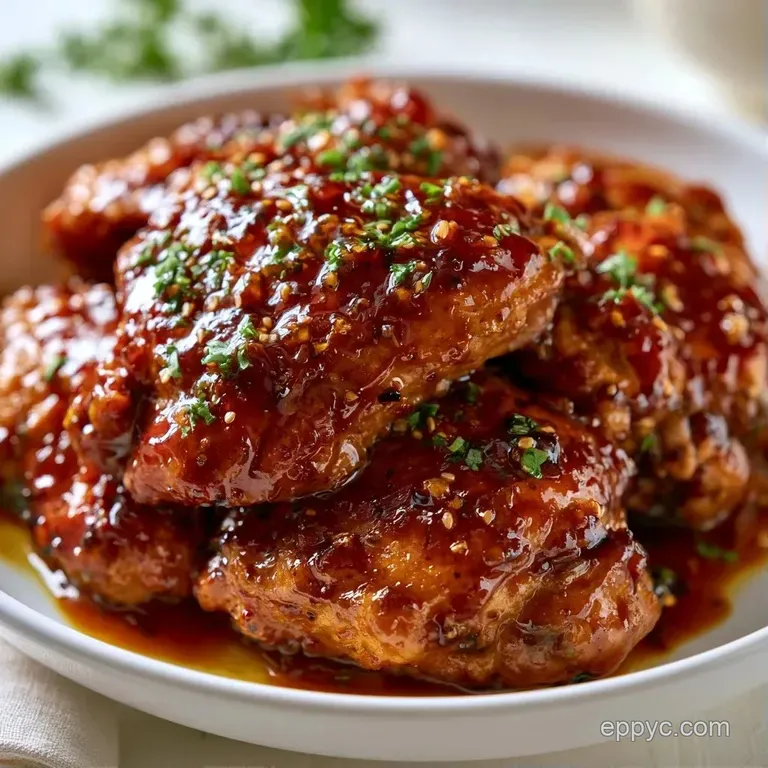 Golden-brown chicken pieces in a shimmering sauce, garnished with sliced green onions and toasted sesame seeds.