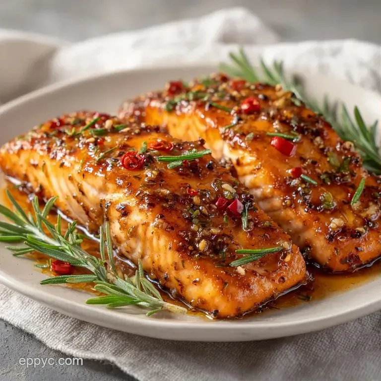 Flaky pink salmon fillet atop a white platter, drizzled with golden syrup and garnished with fresh green parsley.