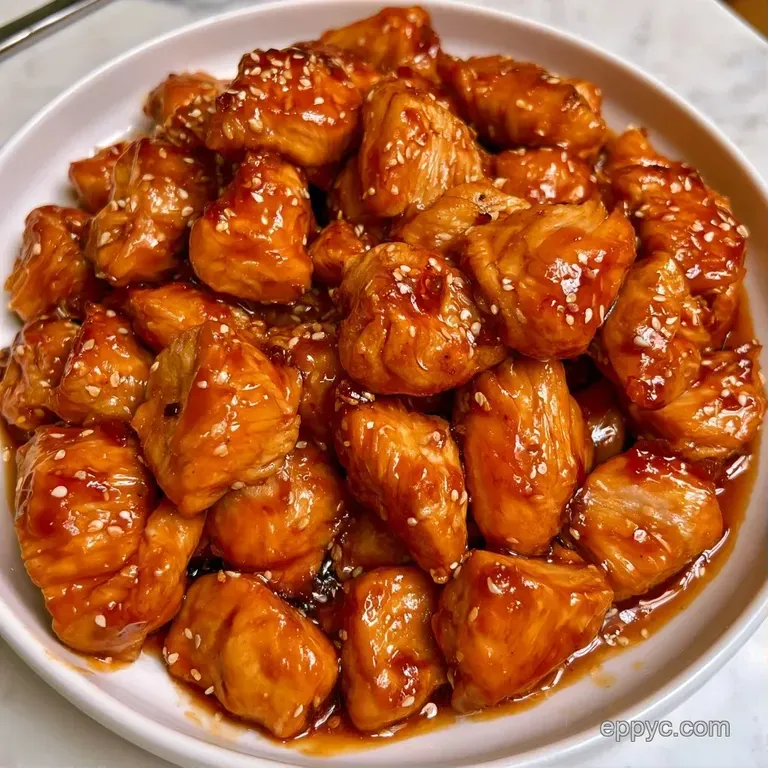Glossy golden chicken bites nestled beside steamed broccoli and white rice, topped with fresh sliced green onions.