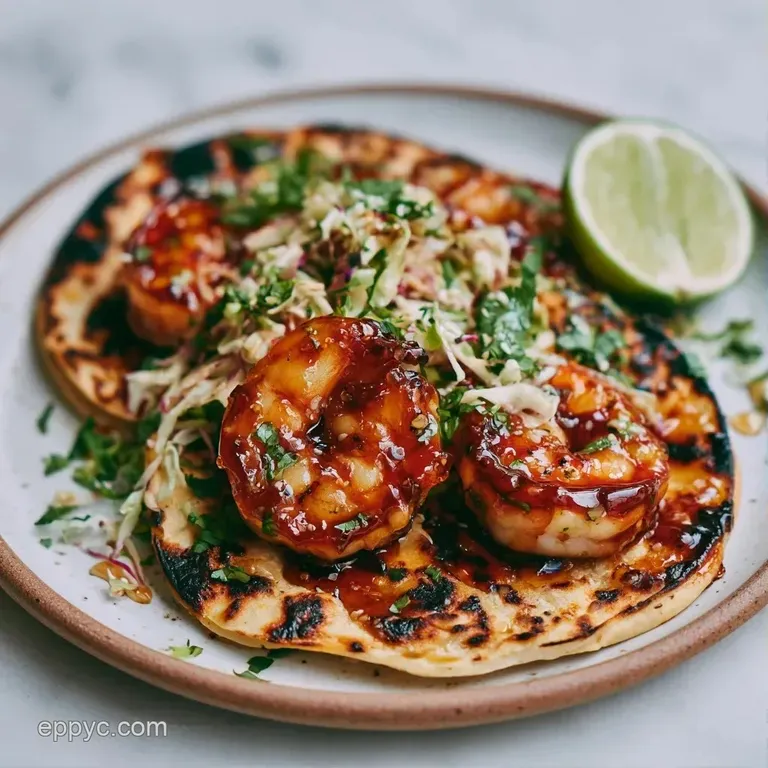 Three charred tortillas filled with honey-glazed shrimp, vibrant purple slaw, and a sprinkle of fresh green cilantro.