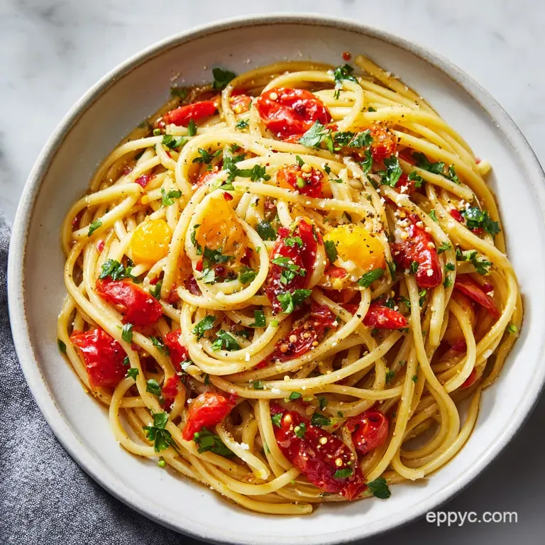 Perfectly cooked spaghetti twirled elegantly on a white plate, adorned with a sprinkle of grated Parmesan cheese and a bas...