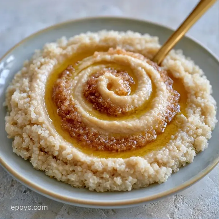 Artfully arranged bowl of fluffy quinoa topped with vibrant diced vegetables and a swirl of smooth, golden hummus.