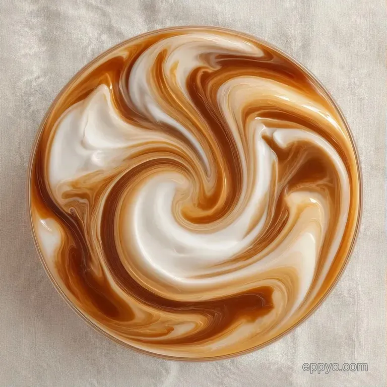 Tall glass with swirling coffee and milk layers on a white marble surface beside a cinnamon stick and coffee beans
