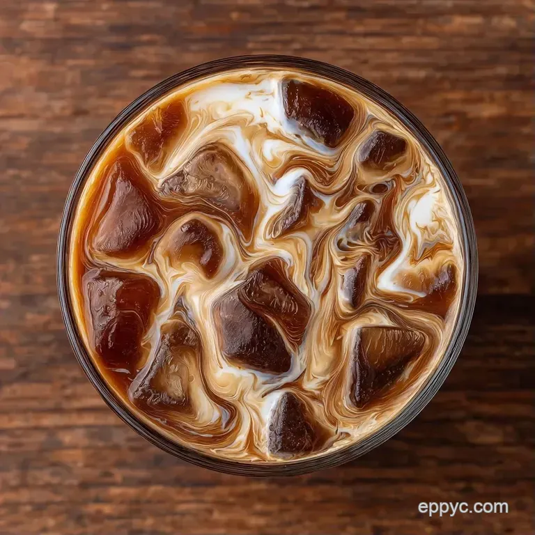 Tall glass of layered coffee and cream on a white marble surface, garnished with a silver straw and ice cubes.