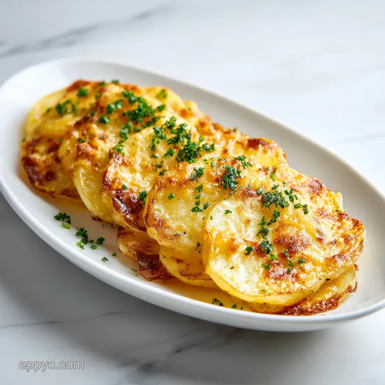 A neat portion of creamy layered potatoes on a ceramic plate, featuring melted cheese and a garnish of fresh herbs.
