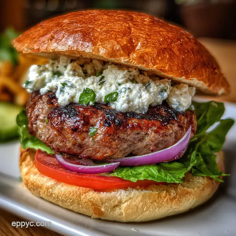 Lamb burger plated elegantly. Feta-topped juicy patty, crisp lettuce, ripe tomato. Rustic bun hints at homemade flavor. In...