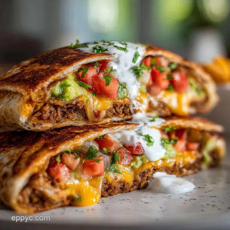 Two neatly arranged keto crunchwraps, their crispy surfaces catching the light, alongside a dollop of creamy avocado sauce.