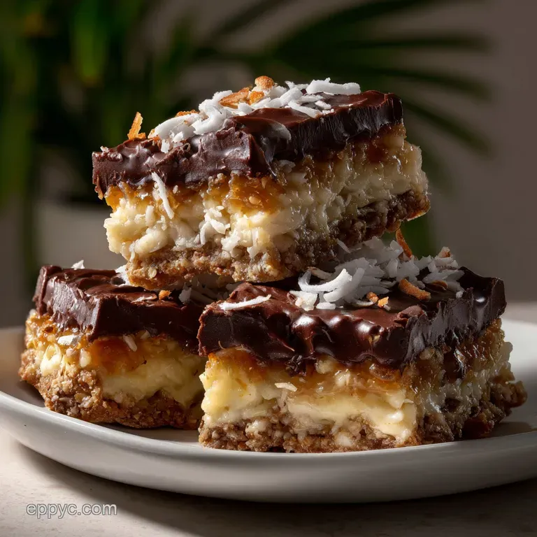 Perfectly cut square showcasing distinct layers. Creamy, light brown custard against a backdrop of darker, chocolatey good...