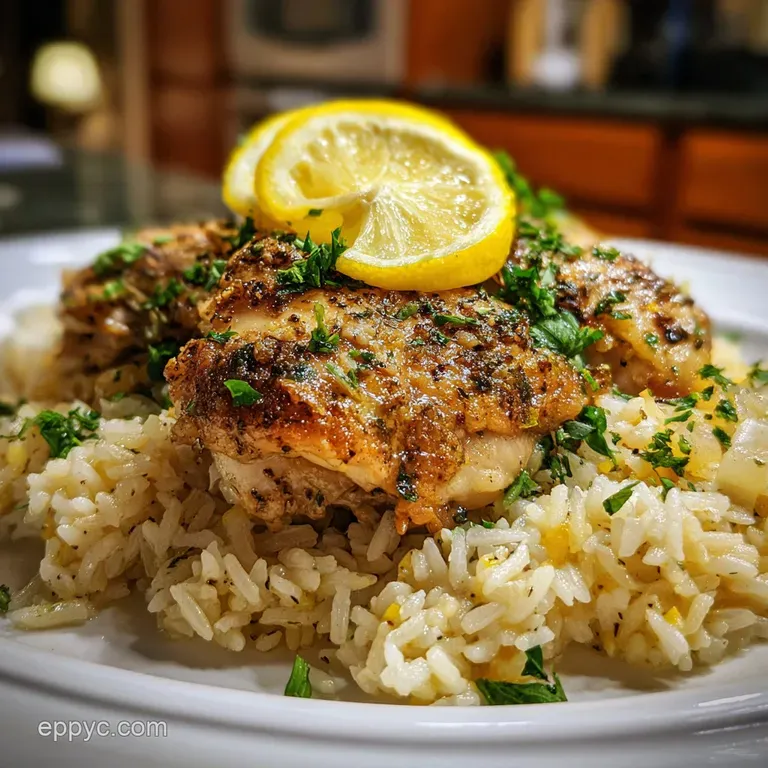 Lemon herb chicken and rice artfully plated, steam rising, herbs and bright lemon slice create a vibrant, appetizing meal.