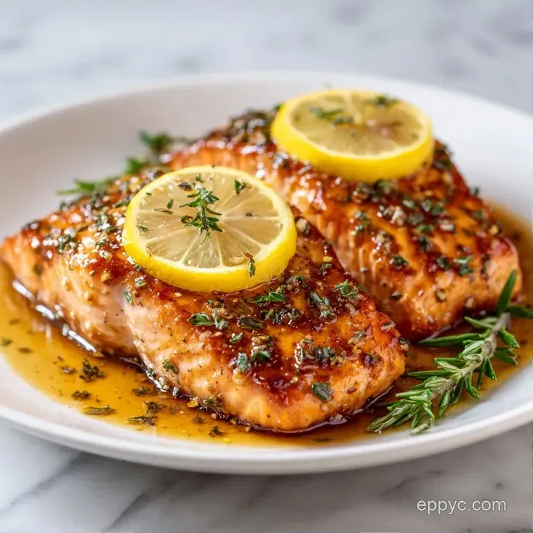 A seared salmon fillet drizzled with honey glaze, garnished with fresh lemon slices and a sprig of green parsley.