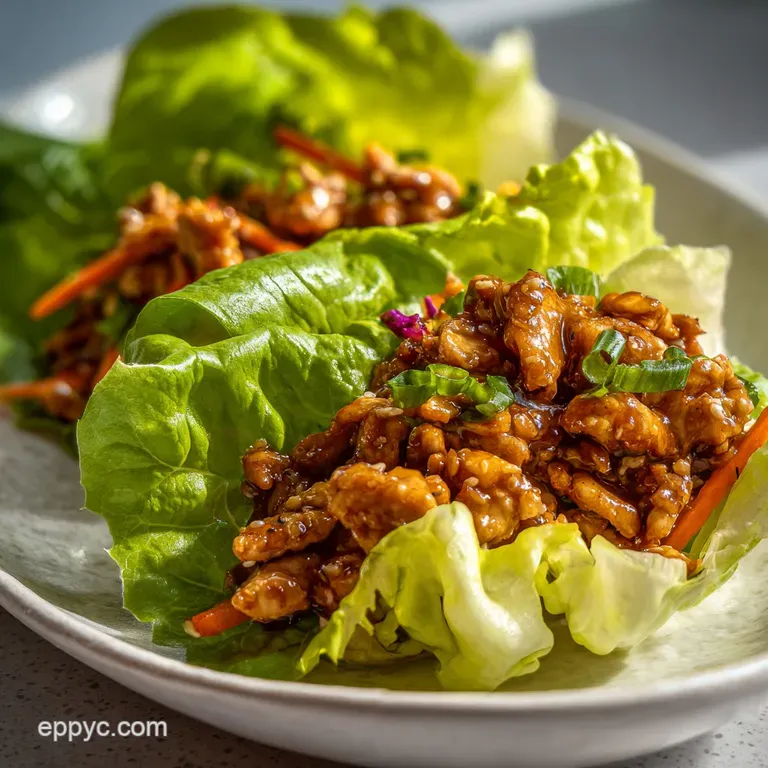 Neatly arranged lettuce wraps, brimming with savory filling and colorful toppings, presented on a clean, modern platter fo...