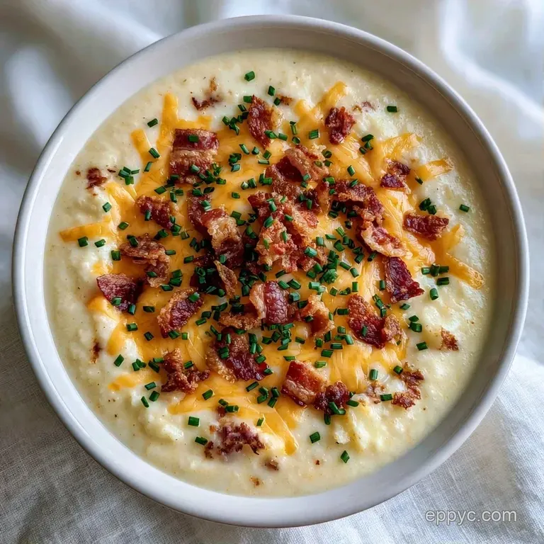 A white ceramic bowl filled with thick white soup, garnished with swirls of cream, bacon, and sliced green onions.
