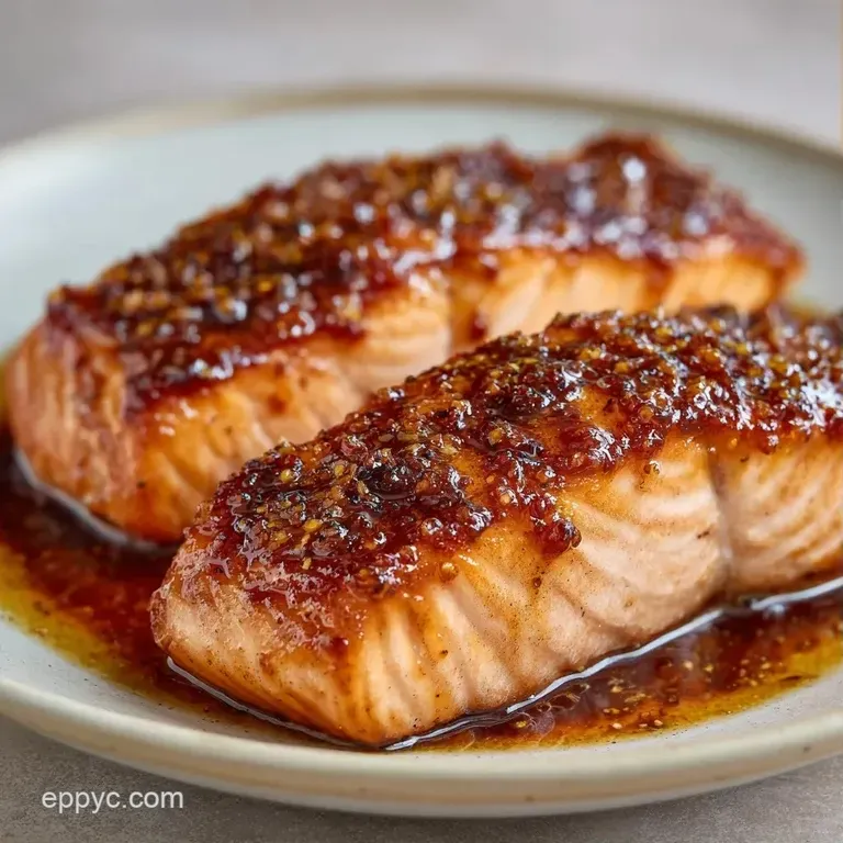 A perfectly seared salmon fillet with a glossy amber glaze, plated on dark stoneware with steamed asparagus.