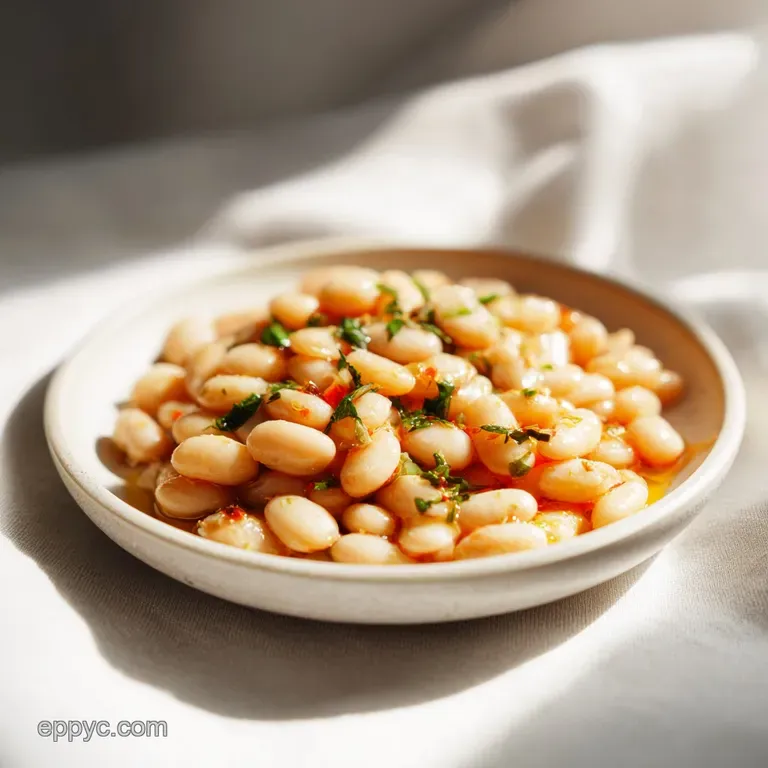 Elegant plate of plump, marinated white beans, drizzled with oil and herbs, alongside crusty bread for scooping.