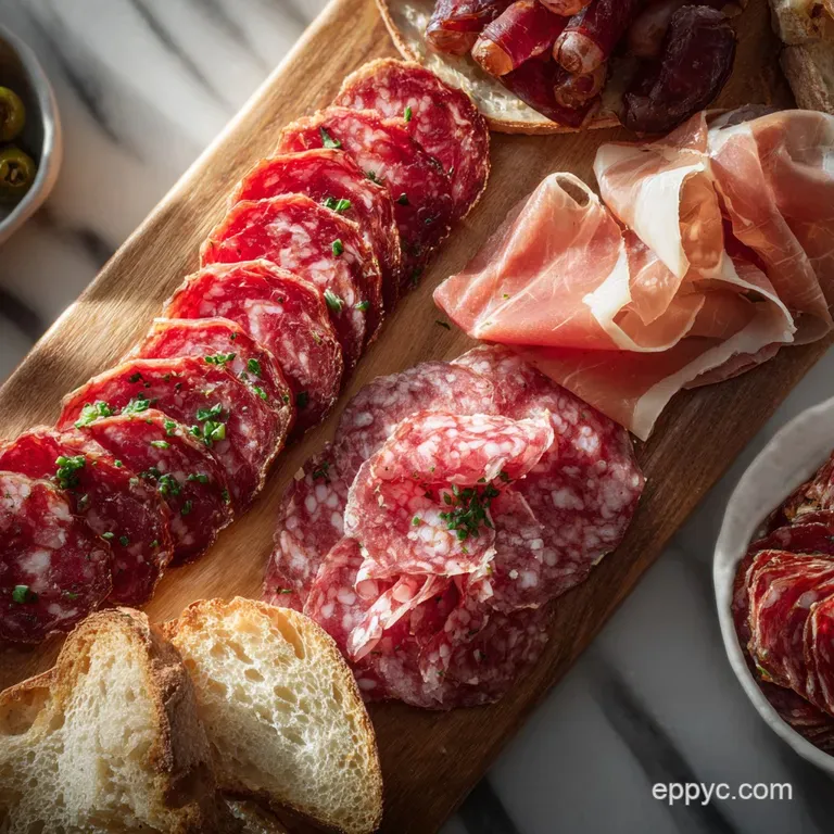 Artfully arranged platter with rosy prosciutto rosettes, dark red salami, and creamy cheese wedges, ready to serve.