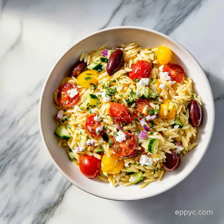 Bright Mediterranean orzo salad artfully arranged on a white plate, garnished with lemon wedges and a sprig of fresh orega...
