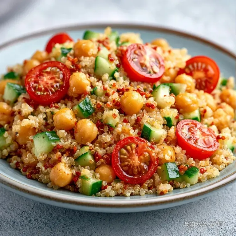 Fluffy white quinoa topped with golden chickpeas, red cherry tomatoes, and fresh parsley in a modern shallow bowl.
